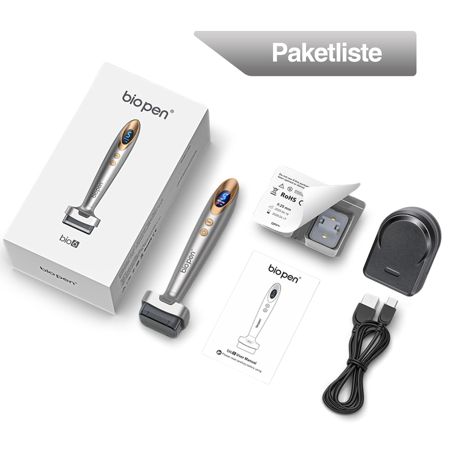 bio 6 Derma Stamp Elektrisch Upgrade 2026 | 4-in-1 Dermastamp Microneedling für Gesicht & Kopfhaut, 140 Pins, Rot & Blau LED Lichtpflege, sanfte Massage | inkl. 2 Aufsätze: 0,5 mm(Graugold)