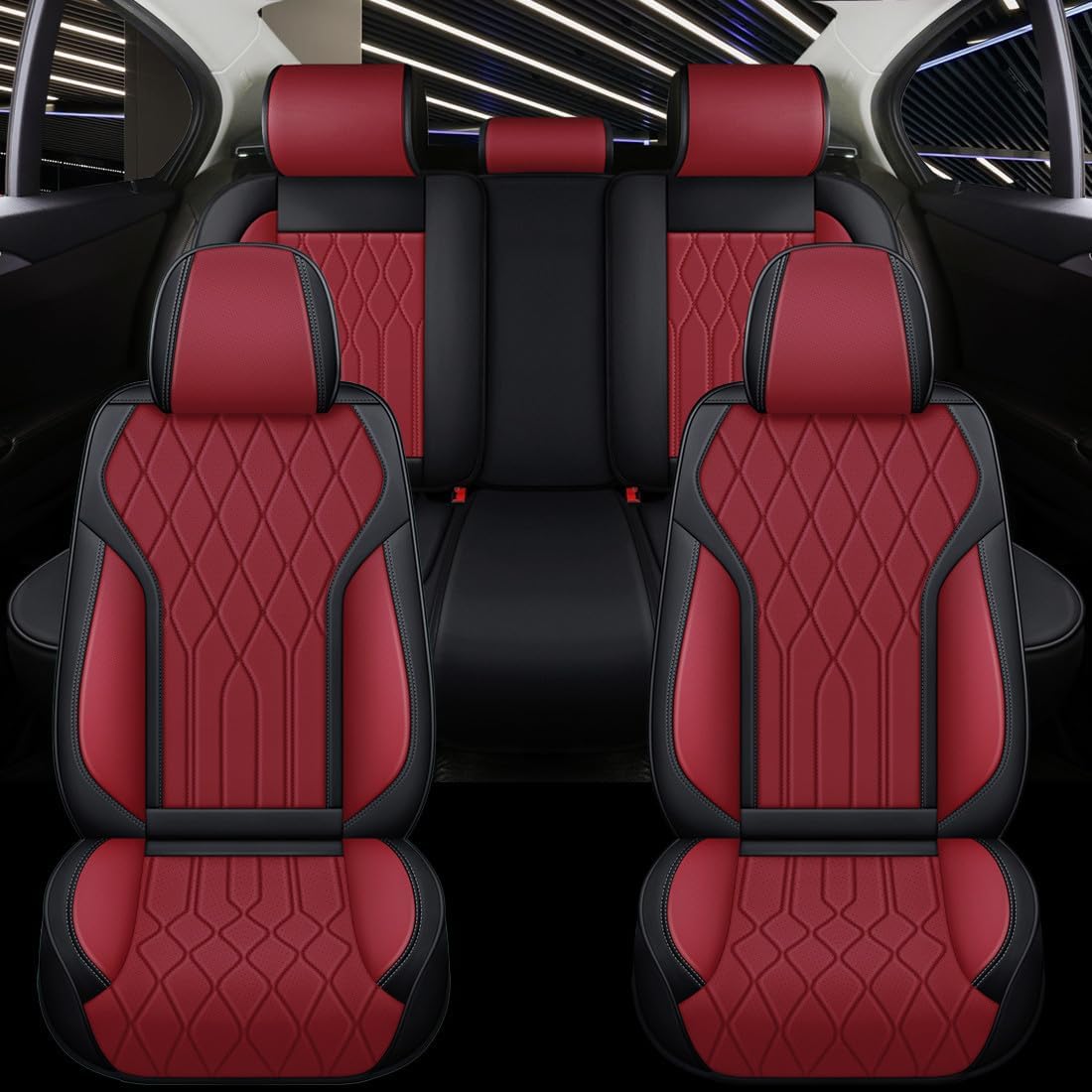 Red Rain Wine Red and Black Leather Car Seat Cover Breathable Universal Front and Rear Car Seat Cover (CC-Wine red+Black)