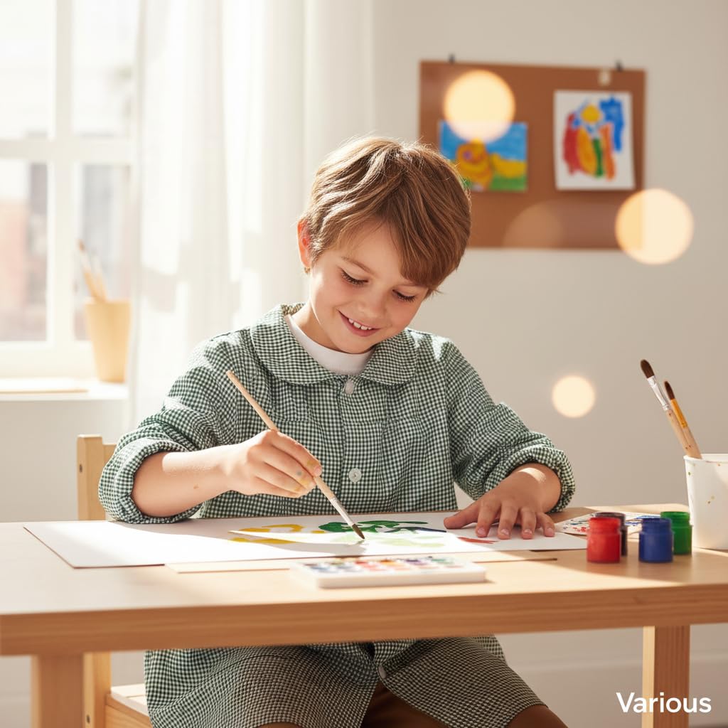 various Babi Escoloar Infantil con Botones Cuadrado,Bata Escolar con Bolsillos y Puños Ajustados para guardería y Colegio