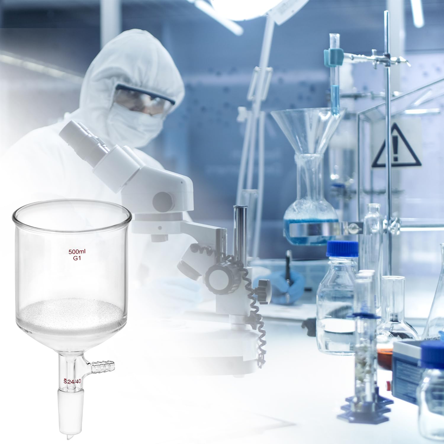 QWORK 500ml Filtering Buchner Funnel Medium Frit (G1) Lab Glassware with Standard 24/40 Joint and Vacuum Serrated Tubulation, 94mm I.D