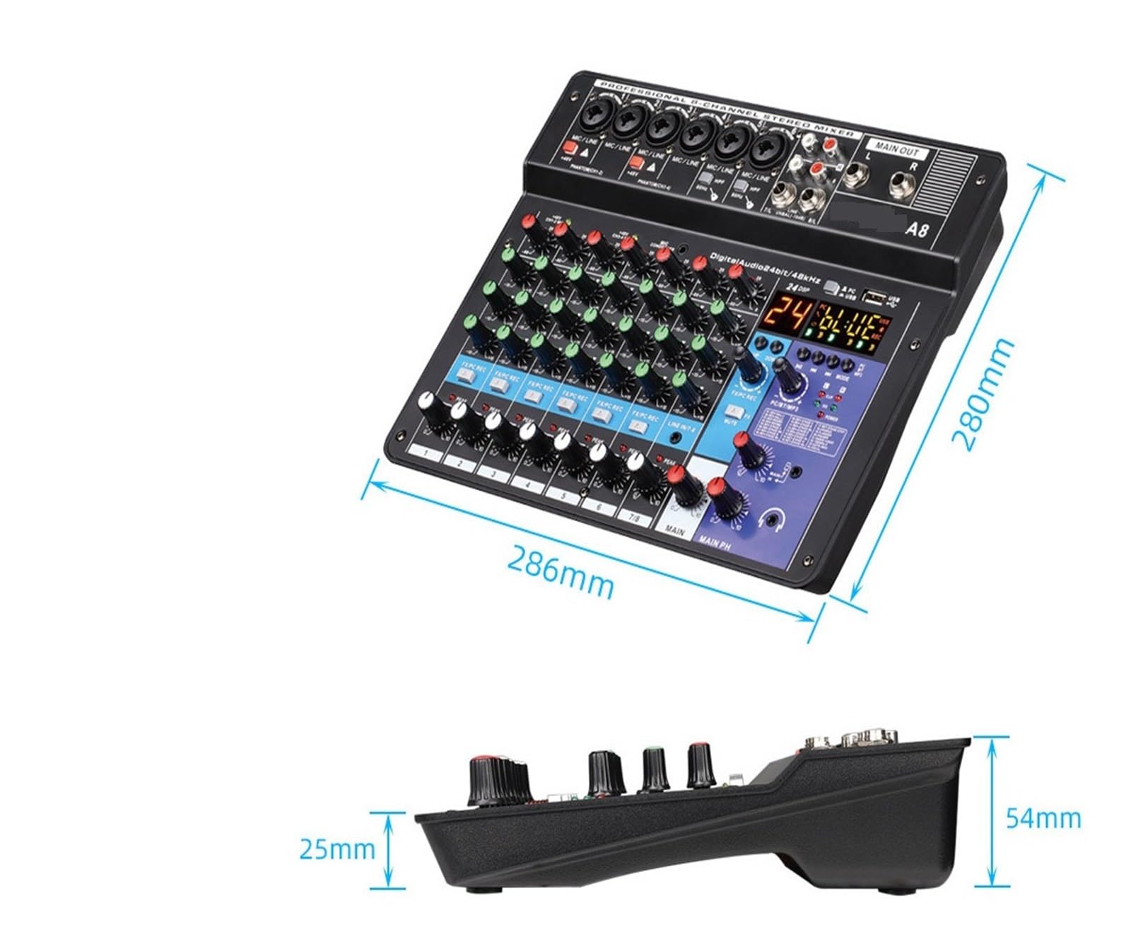 Audiomixer 8-Kanal-professionelles Tragbares Mischpult, Tonmischpult, Computereingang, 48-V-Stromversorgung, Monummer