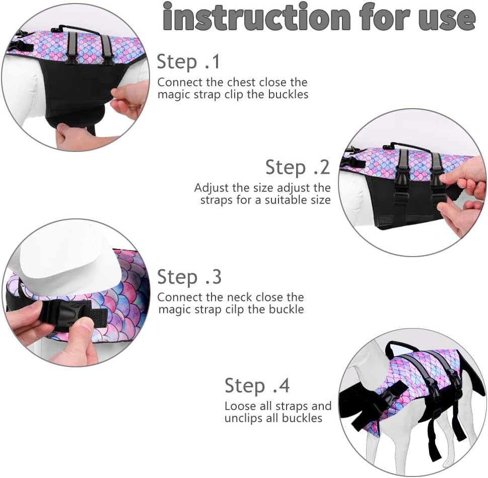 Dog Life Jacket Ripstop Pet Safety Floatation Vest Adjustable Dog Life Preserver Reflective Durable Rescue Handle Pet Lifesaver for Small Medium Large Dogs Swimming Beach Boating（Mermaid, M）