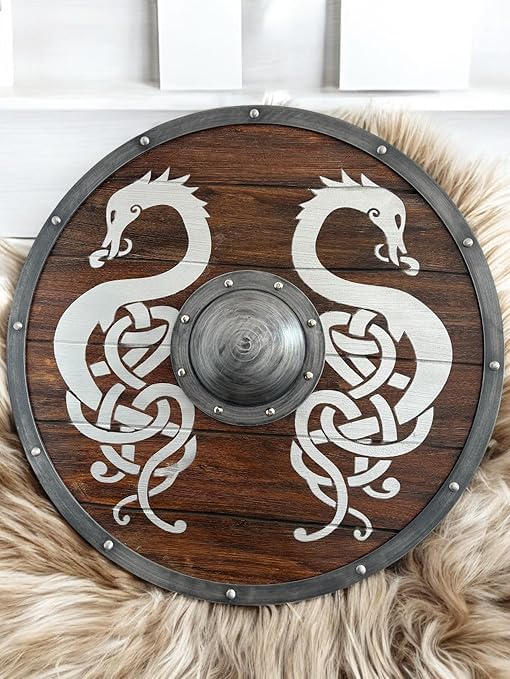 YOUR LIKE HANDICRAFT tarcza wikingów premium 61 cm – ręcznie wykonana drewniana lub żelazna, autentyczny średniowieczny design, gotowa do walki okrągła tarcza do dekoracji i