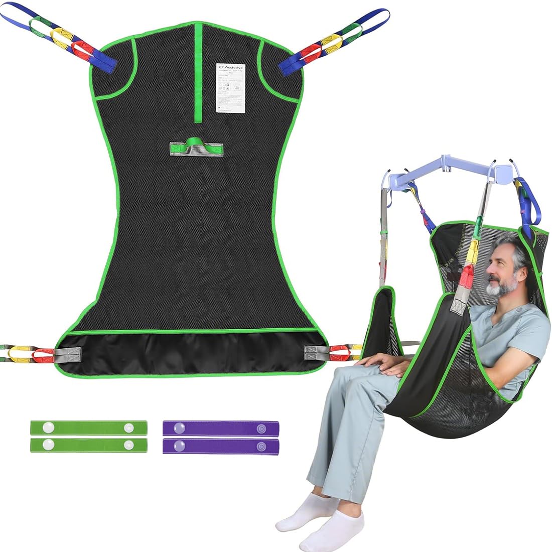 EZ Assistive Hoyer - Eslinga universal de elevación de cuerpo completo para pacientes, para posicionamiento de cama y baño, correa de transferencia para ancianos, postrado en cama (negro, grande)