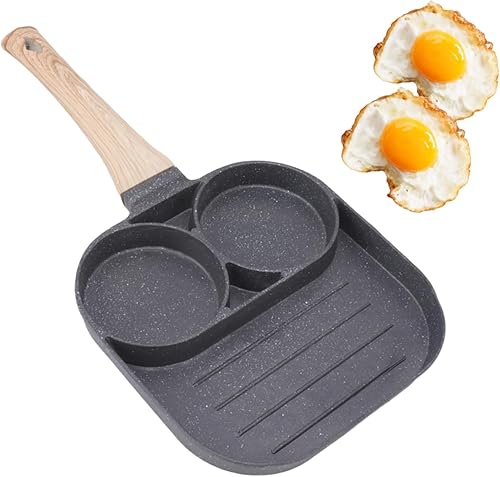 Sartén para huevos, sartén antiadherente para huevos fritos de 3 secciones, sartén cuadrada para huevos y tocino, sartén dividida con mango de