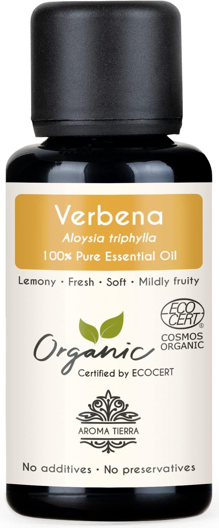 Aroma Tierra Organic Lemon Verbena Essential Oil 30ml - 100% Pure & Natural - Fresh, Citrusy & Uplifting - For Diffuser, Aromatherapy, Relaxation, Skin & Wellness
