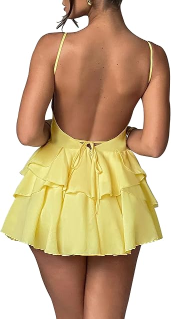 LuFeng Women's Summer Sexy Backless Romper Spaghetti Strap V Neck Ruffle Chiffon Shorts Jumpsuit Dressy