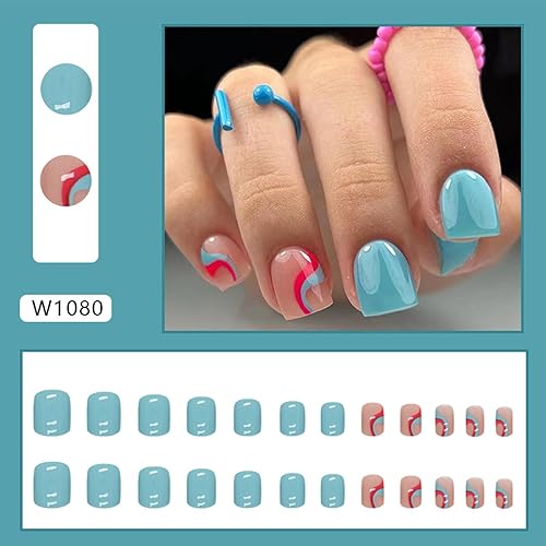 Miniatura 5 de Uñas postizas cuadradas cortas a presión, uñas postizas azules con diseño de ondas rojas, uñas adhesivas de cobertura completa, uñas acrílicas