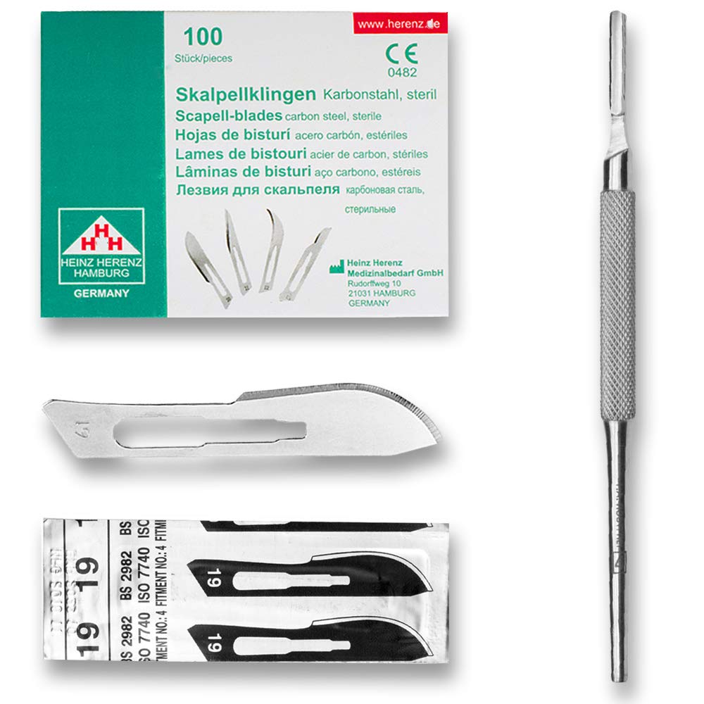 Set - 100 piezas hojas de bisturí No. 19 y mango de bisturí No. 4 - Hojas de repuesto para bisturí hechas de acero al carbono - Estéril