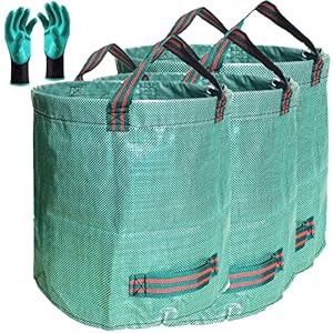Standard 3-Pack 32 Gallons Yard Garden Bags (D18, H30 inches) with Gardening Gloves, Standable Reusable Leaf Bags,Plant Trimming Bag,Yard Waste Bags,Trash Container,Lawn Grass,Weeds Bag w/ 4 Handles