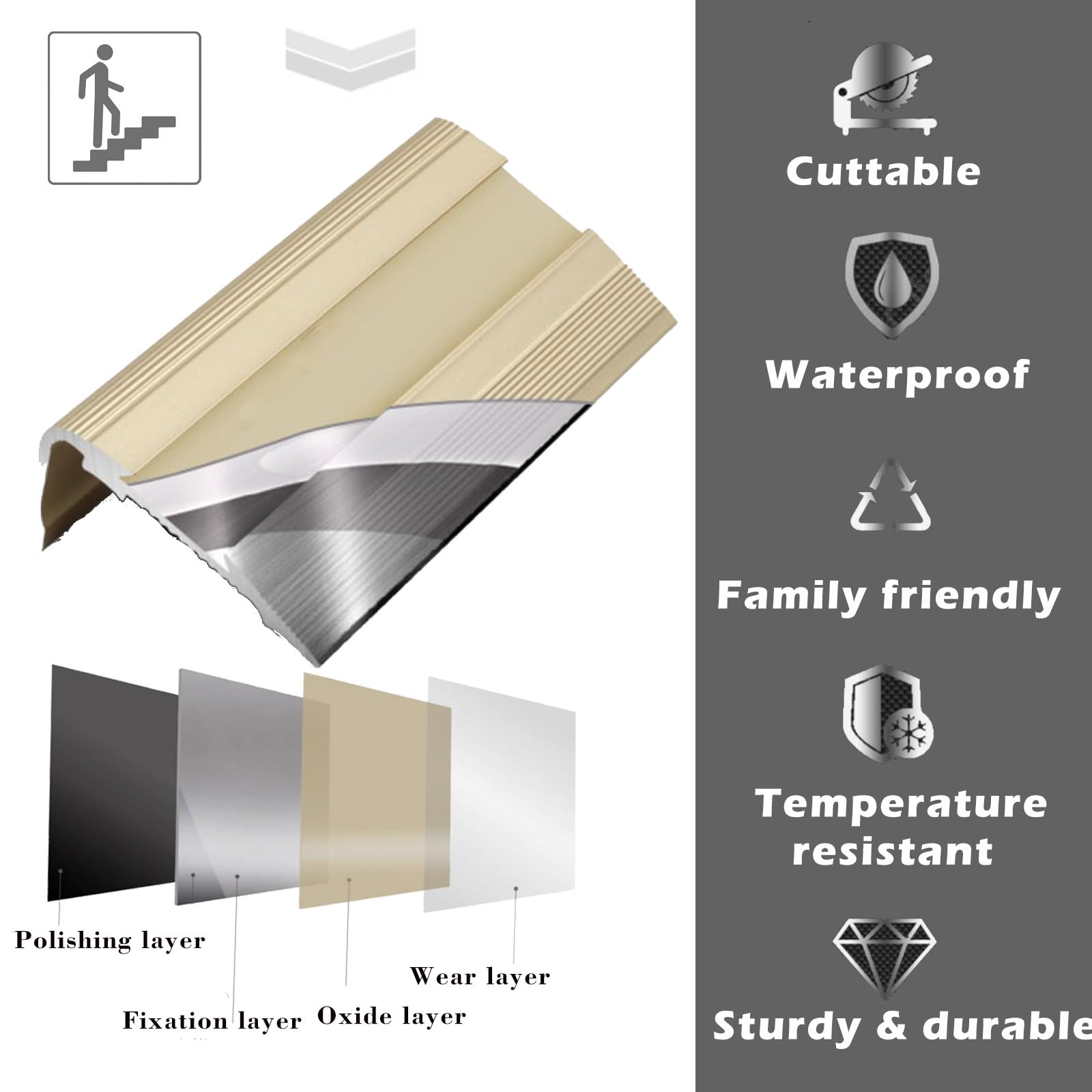 Striscia di transizione antiscivolo per scale, protezione per bordi delle scale in moquette/legno, con venature del legno, 89,9 cm