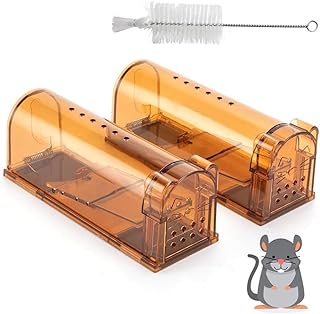 Humane Live Mouse Traps No Kill Safe Reusable, Mice Trap Catch and Release Indoor/Outdoor for Small Rodent Catcher w/Brush, 2 Packs (Brown)