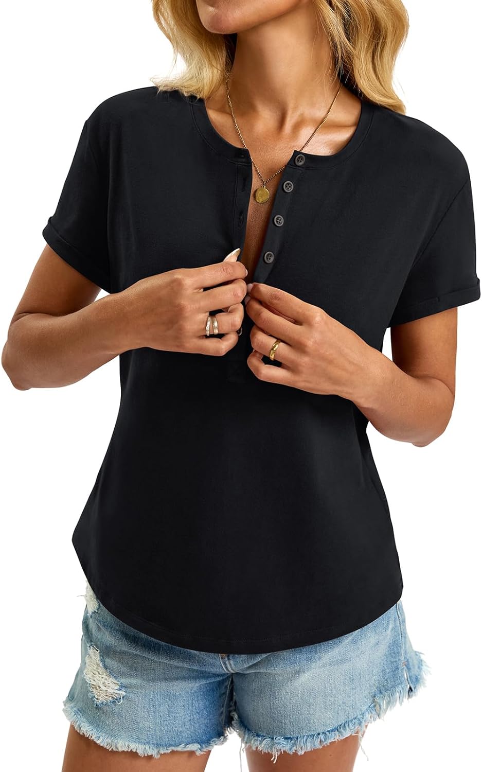 Womens Cotton Deep V Neck Tops Low Cut Short Sleeve Henley Shirts Sexy Fitted Tees Summer Fashion Clothes 2025 - Image 3