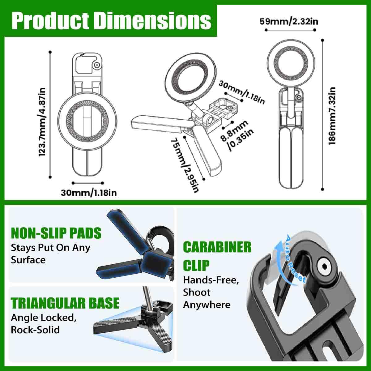 Foldable Magnetic Phone Holder With Carabiner,Zinc Alloy N52 Magnet，2pcs | Portable Pocket Selfie Stick,Phone Stand,360° Swivel Suction Cup,Dual-Side Magnetic,Fits Vlog,Gym,Golf cart,Travel,Desk