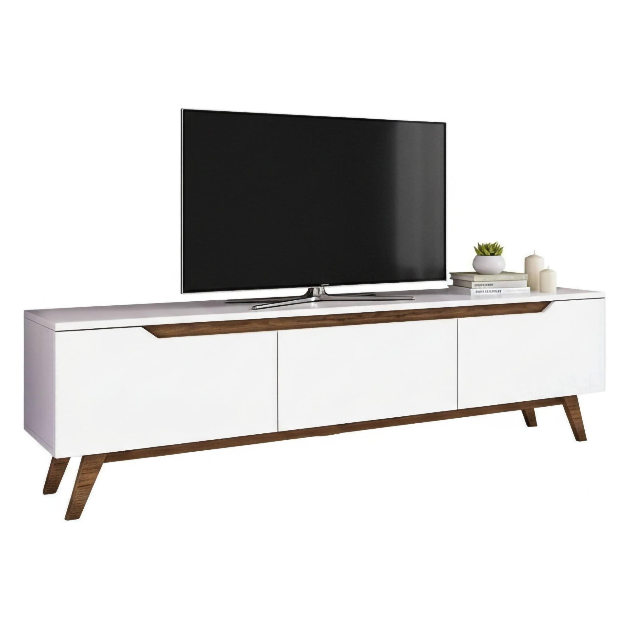 Dmora - Mobile porta TV Cor, Credenza da soggiorno, Armadio basso per TV, Base parete attrezzata, 180x35h49 cm, Bianco e Noce