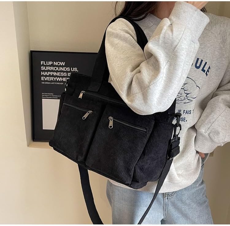 Corduroy Tote Bag for Women with Multiple Pockets Everyday Shoulder Bag Crossbody Bag for Work Travel Cute Handbag Purse - Image 4