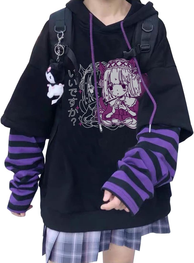 – Women Japanese Kawaii Print Hoodie Y2K Gothic Sweatshirt Cute Harajuku Pattern Long Sleeve Pullover