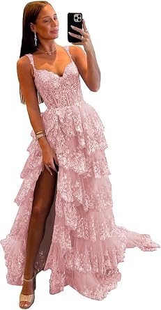 Womens Spaghetti Strap Tulle Prom Dresses 2026 Dusty Rose Lace Tiered Sparkly Backless Corset Cocktail Party Dress with Slit Train Long US16