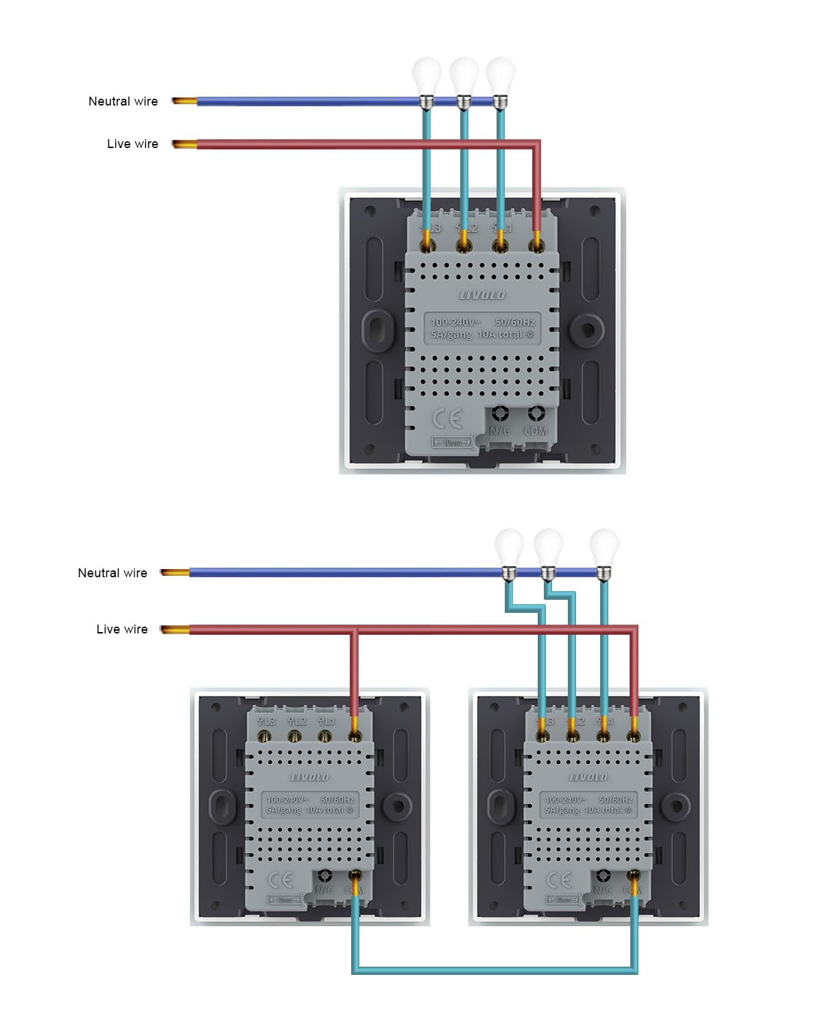 LIVOLO Interruptor de luz de pared táctil inteligente, 2 bandas, control de aplicación con Alexa y Google Assistant, no requiere cable neutro (blanco)
