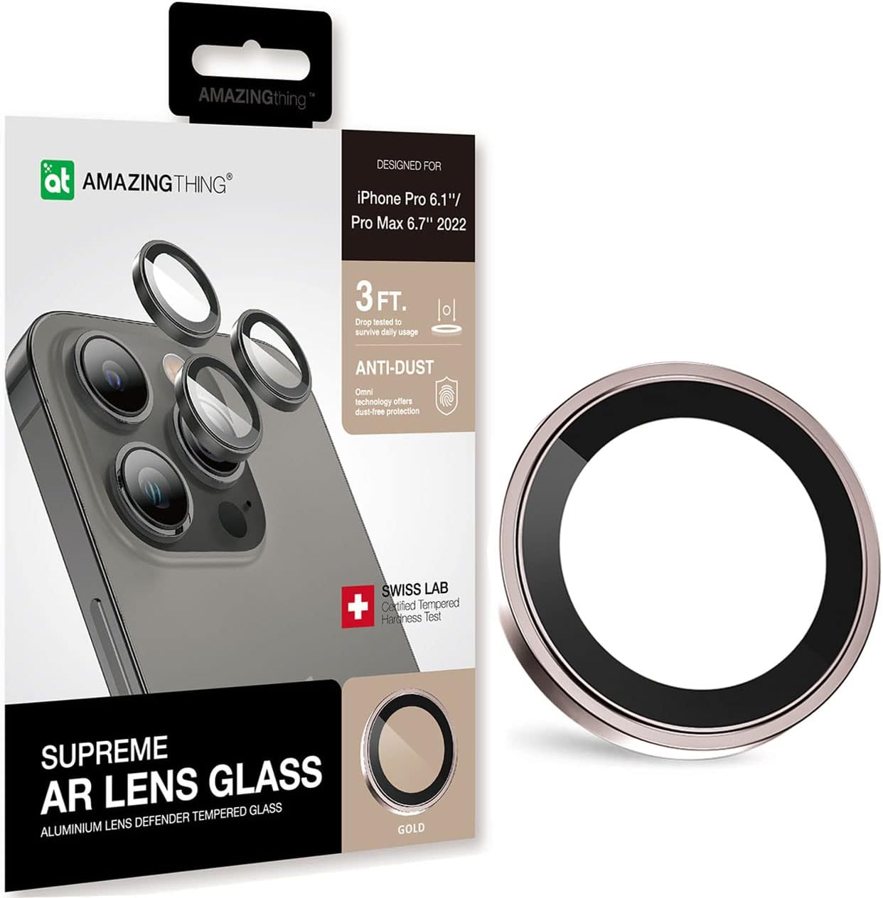 AMAZINGthing Amazing Thing iPhone 14 Pro and iPhone 14 Pro MAX Camera Lens Protector Supreme Tempered Glass Aluminum AR Lens Defender - Gold