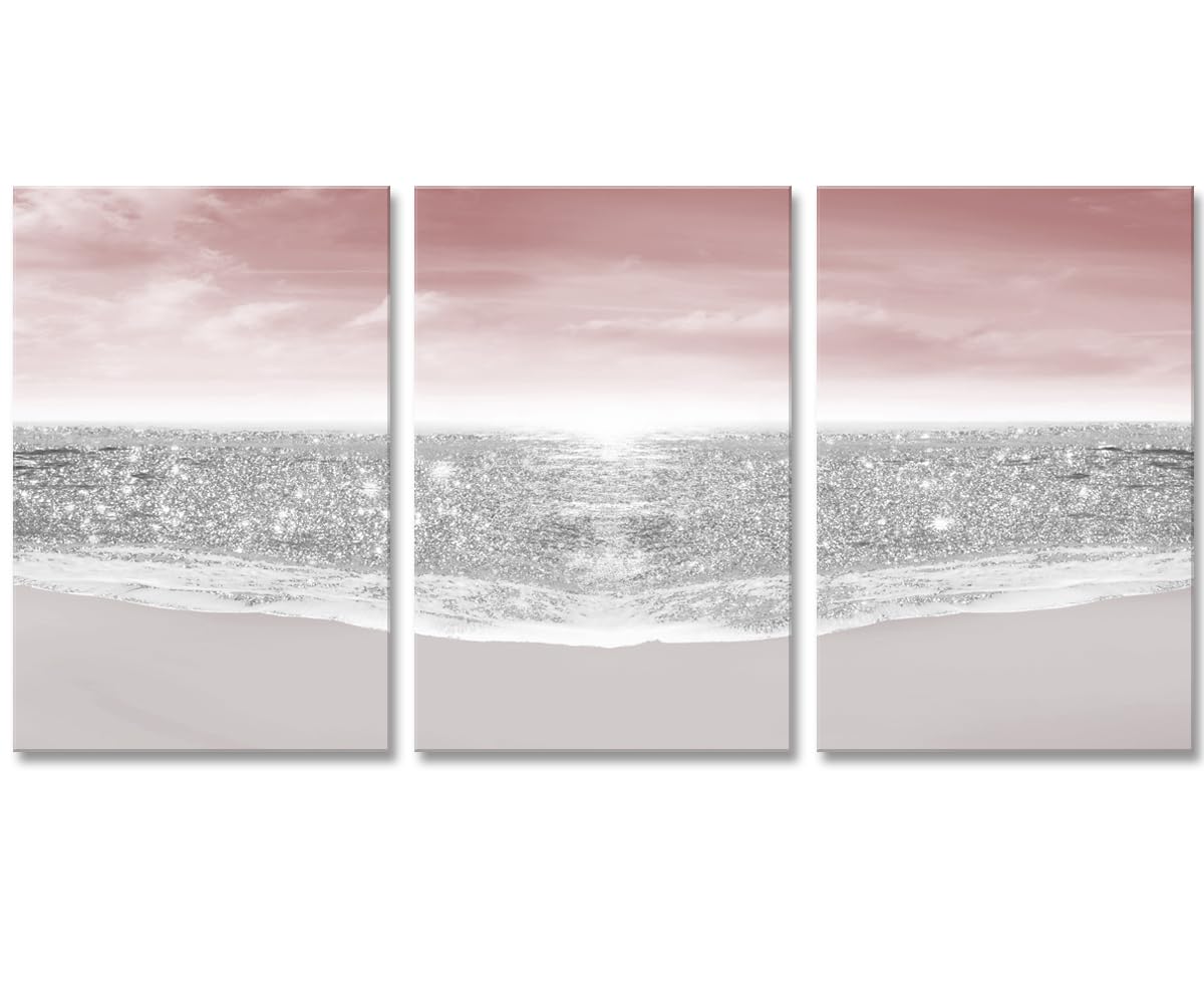 View 1 of ***STYLE DIFFERS*** Genius Decor Shimmering Waves Coastal Wall Art - Gray and Pink Silver Beachy Decor Print | Modern Aesthetic Blush Glam Pictures for Bedroom Beach Girls Room Bathroom Gallery Wrapped Canvas, Ready to Hang (Pink)