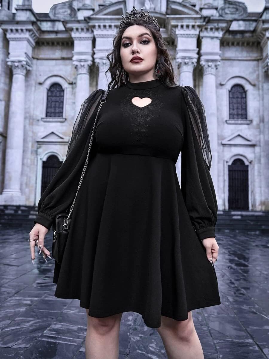LANSHULAN Gothic Plus Size Keyhole Neckline Puff Sleeve Gothic Dress
