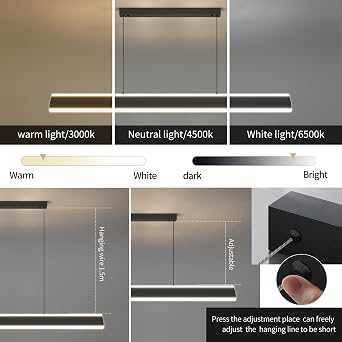 Linear Pendant Lights Kitchen Island, Dimmable LED Chandeliers for Dining Room, Modern Billiard Room Pool Table Light Ceiling Pendant Lamp for Bar Office, Black, Adjustable Height