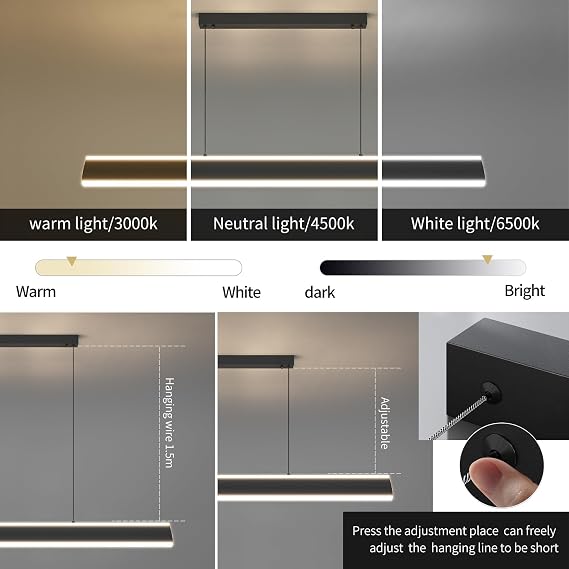 Linear Pendant Lights Kitchen Island, Dimmable LED Chandeliers for Dining Room, Modern Billiard Room Pool Table Light Ceiling Pendant Lamp for Bar Office, Black, Adjustable Height