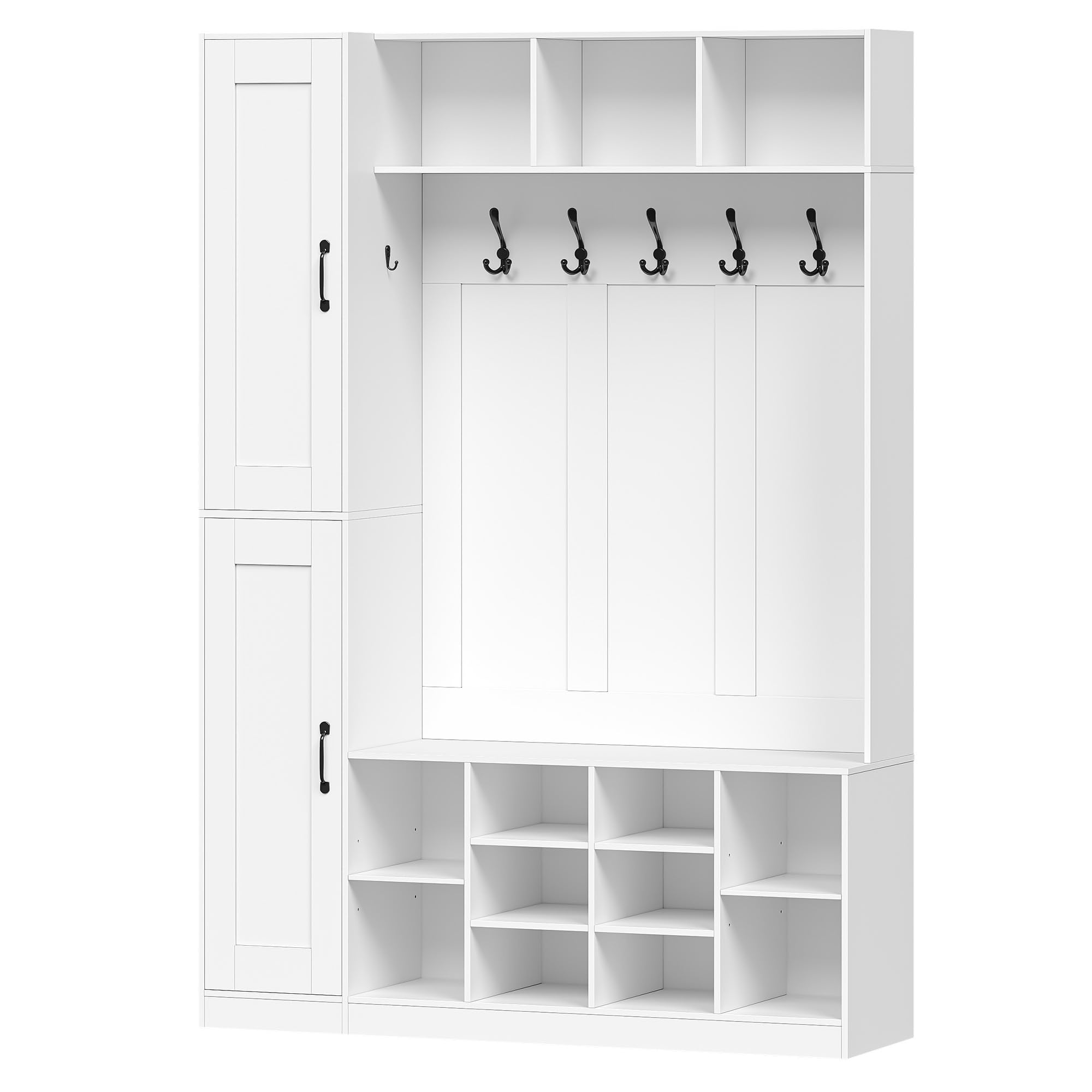 Hzuaneri Garderobenständer mit Sitzbank, Garderobe mit Seitlichem Stauschrank, 20 Fächer, Verstellbarer Regalboden, 6 Haken, Freistehender Kleiderständer für Flur, 36 x 130 x 186 cm, Weiß 7230103X