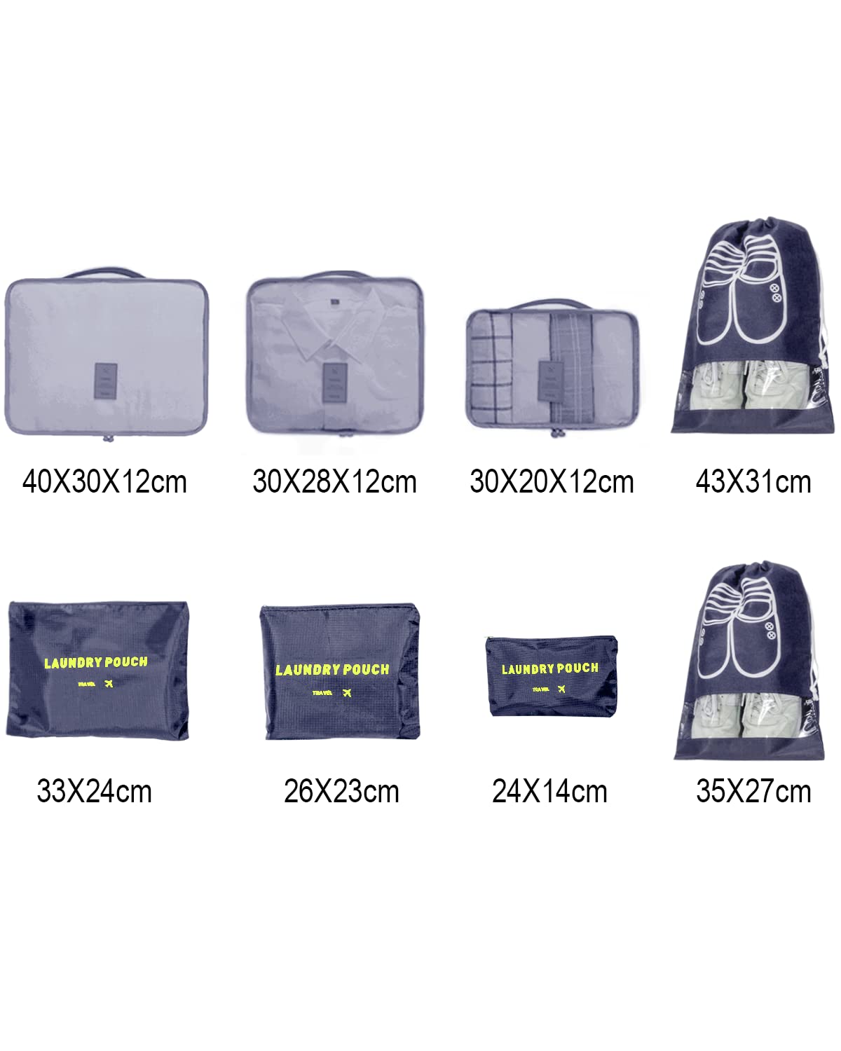BillyBath Set di organizer per valigie, 8 in 1, organizer da viaggio, per vestiti, scarpe, cosmetici, colore blu scuro