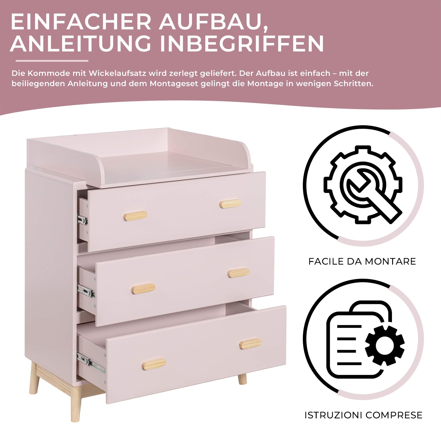 Rebecca Mobili Wickelkommode mit Wickeltisch, Baby Wickeltisch, Rosa Braun, Kiefern MDF, Platzsparend, mit Abnehmbarem Wickeltisch - Maße HxBxT: 100 x 80 x 42 cm - Art. RE6984