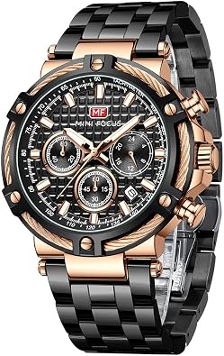 MF MINI FOCUS Business Men Watches Chronograph/Waterproof/Luminous/Calendar/24 Hours Big Face Stainless Steel Band Watches for Men