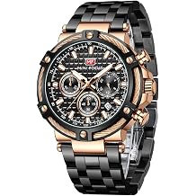 MF MINI FOCUS Business Men Watch Chronograph/Waterproof/Luminous/Calendar/24 Hours Big Face Stainless Steel Band Watch for Men, Black_Gold, Modern