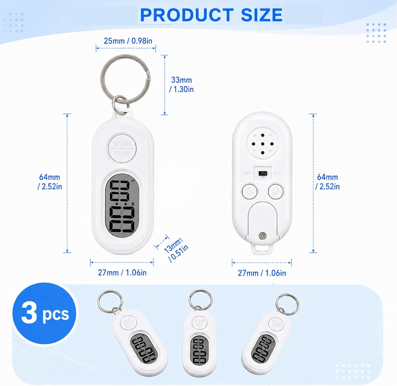 3 Pack White Mini Digital Timer Keychain,Portable Countdown Timer&Stopwatch image 2