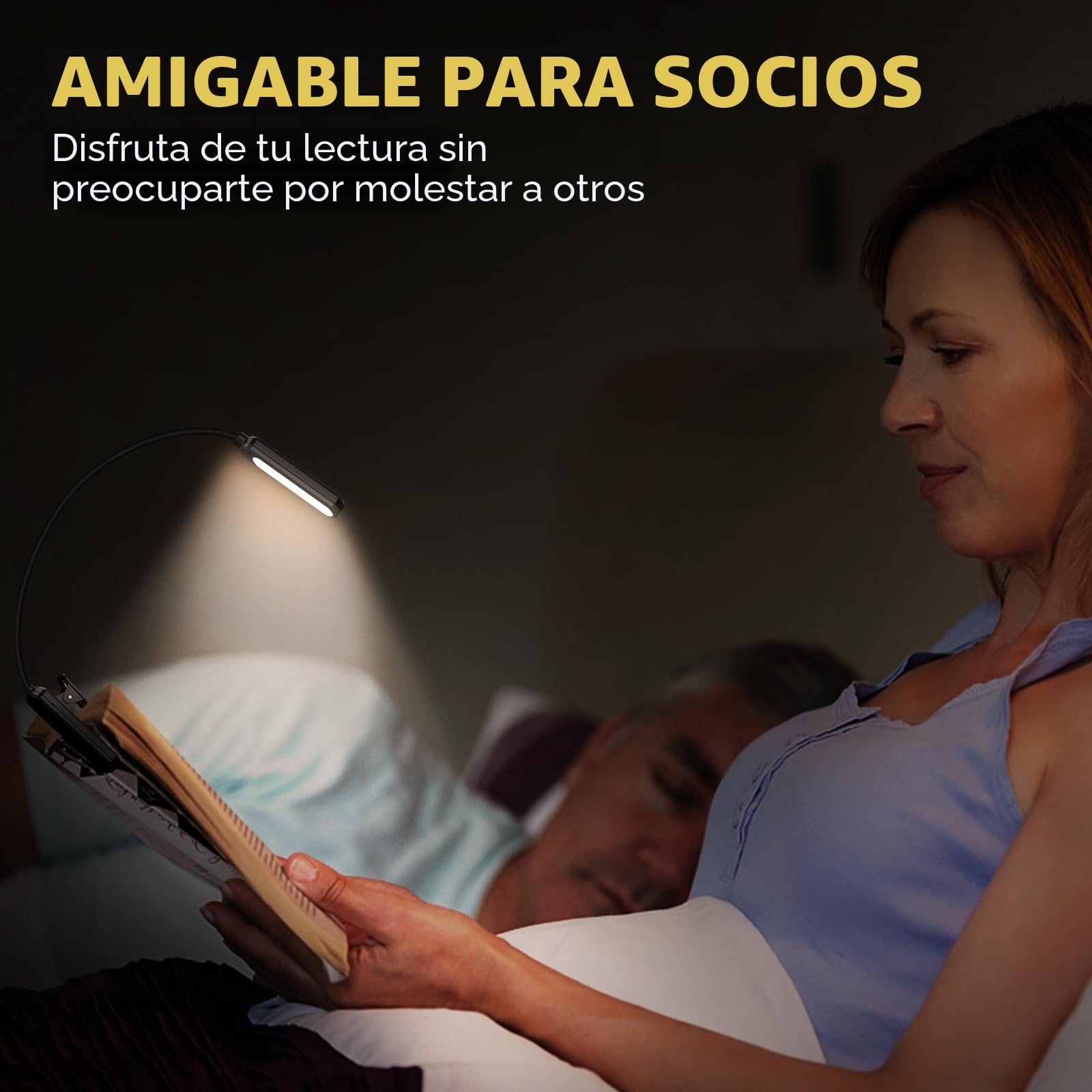 TEAMPD Luz de Lectura, 10 LEDs 3 Colores y Atenuación Continua Lampara de Lectura USB Recargable, 360° Flexible con Clip Luz Lectura para Lectores Noche, E-Reader, Tablet, Estudio, Cama, Libro, Viaje