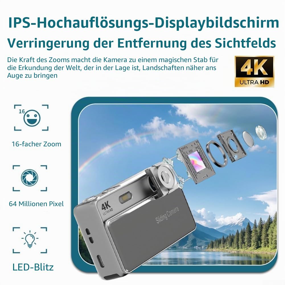 Tragbare Slider-Digitalkamera mit 64-MP-Bild, 16-fachem Digitalzoom, eingebautem Blitz, 4K-Video und elektronischer Bildstabilisierung für den Außenbereich (schwarz)