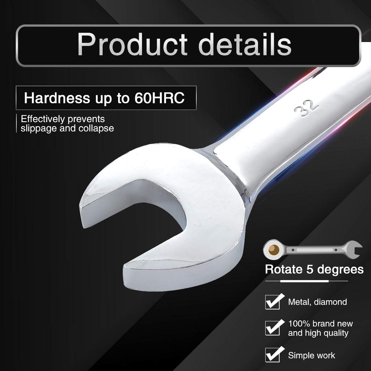 Chiave A Cricchetto Fissa 32mm - Acciaio Cromo Vanadio, Testa 72 Denti, Per Auto E Manutenzione - Foto 4