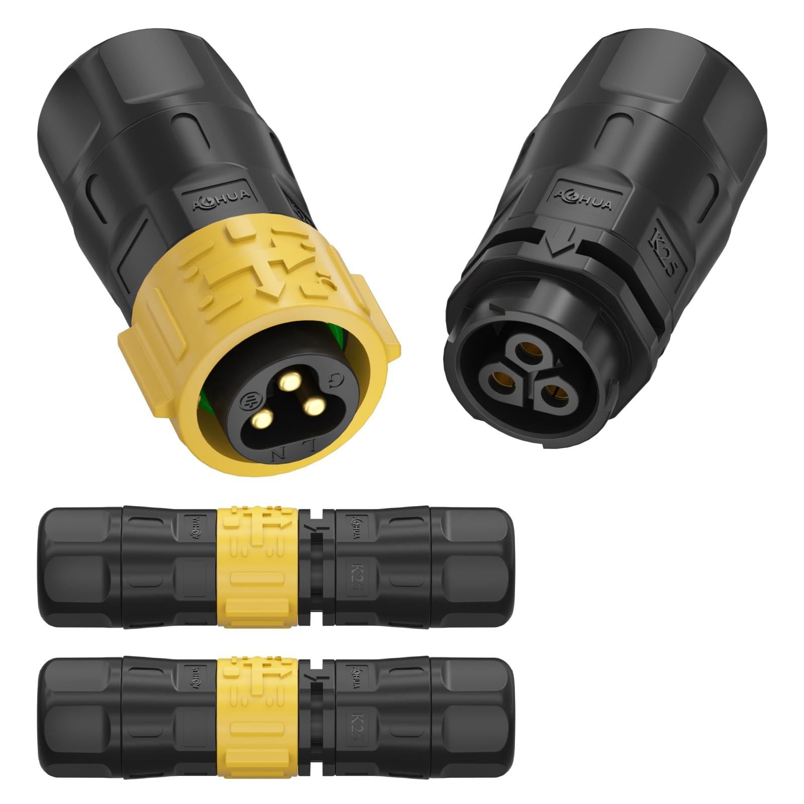 AOHUA 3-Pack K25 IP68 Waterproof 3-Pin Connector - Quick Docking 300V/35A Male/Female Electric Plug Socket for Ø10-15mm Cables, Industrial/Aviation Grade (AH-K25-3503MMZ/FFZ01222-Y)