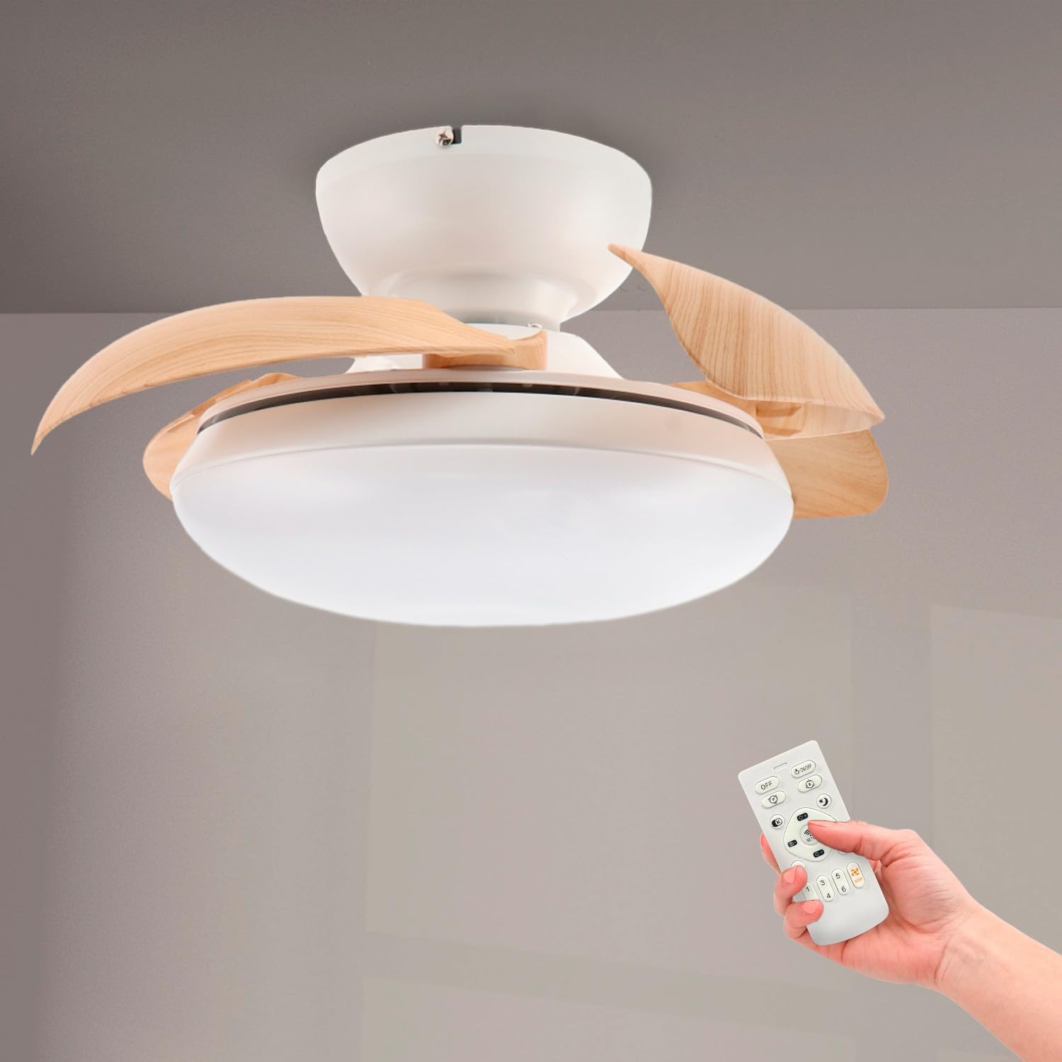 M Mimotec Mushroom LED Ceiling Fan Natural Wood White Finish Ø72.5 cm, Silent DC Motor, 24W LED Dimmable 3CCT 2700-6500K, 2400LM, Remote Control, Timer, Summer/Winter Function.