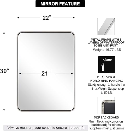 Miniatura 2 de ANDY STAR Espejos de baño cromados de 48 x 30 pulgadas, espejo de tocador cromado pulido, espejo rectangular redondeado para pared, marco de metal