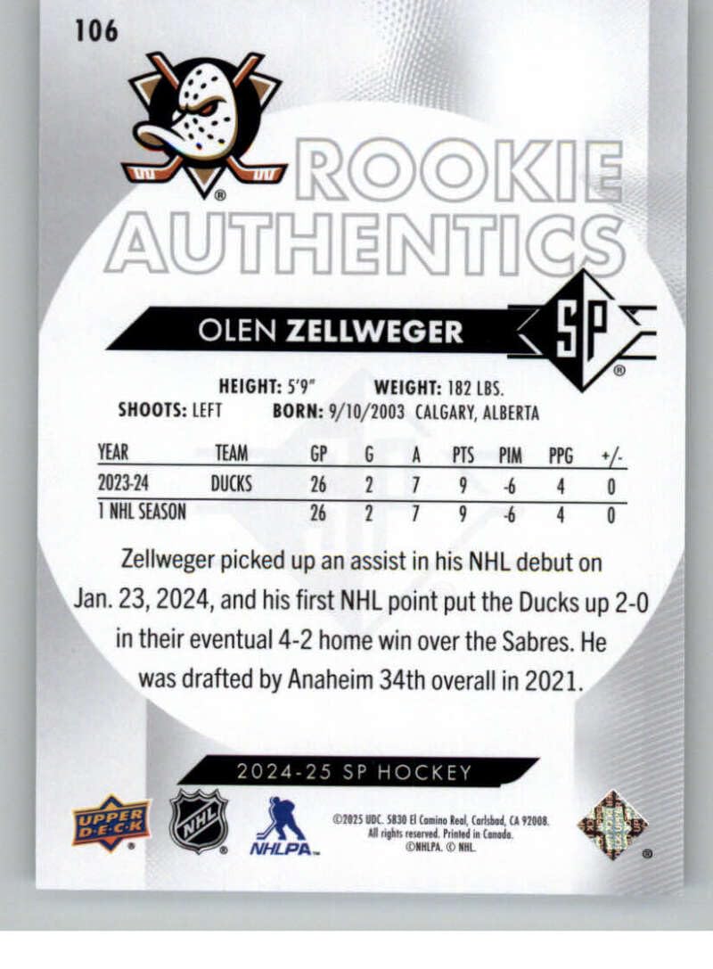Amazon.com: 2024-25 Upper Deck SP #106 Olen Zellweger Anaheim