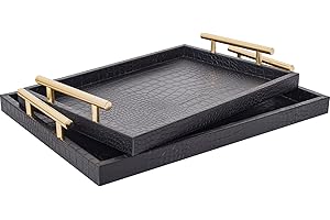 Modern Wood Serving Tray with Crocodile Leather & Gold Handles