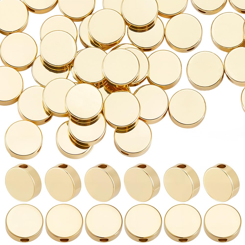 Perles rondes plates en laiton plaqué or 18k Beebeecraft pour la création de bijoux DIY