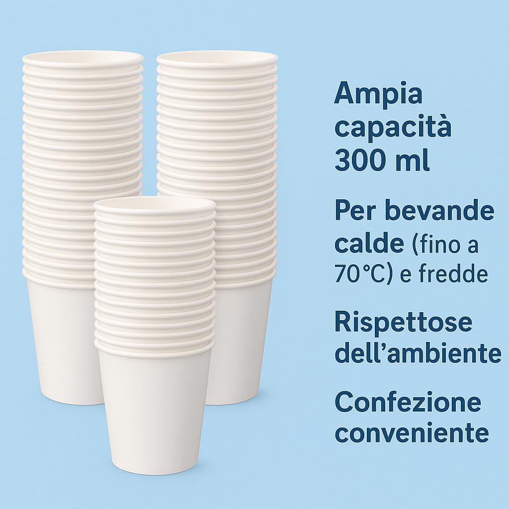 Terryshop74 1000 bicchieri in carta biodegradabile XXXL 300 ml per bevande Fredde Calde The e Cappuccino Birra (1000 bianchi, 1000, unità)