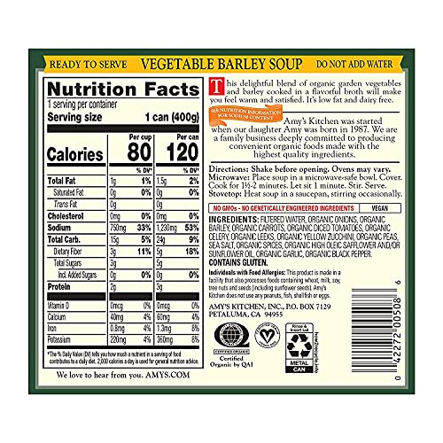 Amy's Soup, Vegan, Organic Vegetable Barley (Tomatoes, Carrots And Celery) Low Fat, 14.1 Oz (Pack Of 12) #TOP1