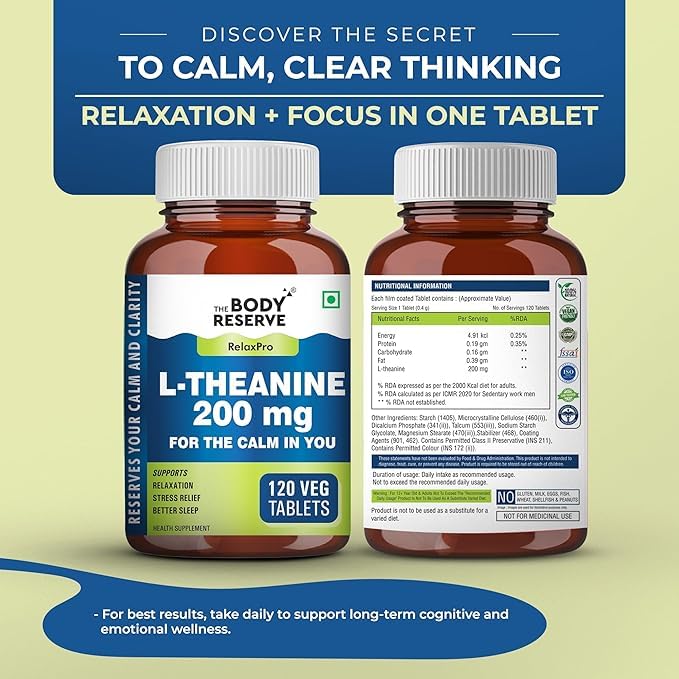 Image of The Body Reserve L-Theanine 200mg 120 Veg Tablets L Theanine Supplements Supports Stress Relief, Reduce Anxiety, Brain Health & Promotes Relaxation