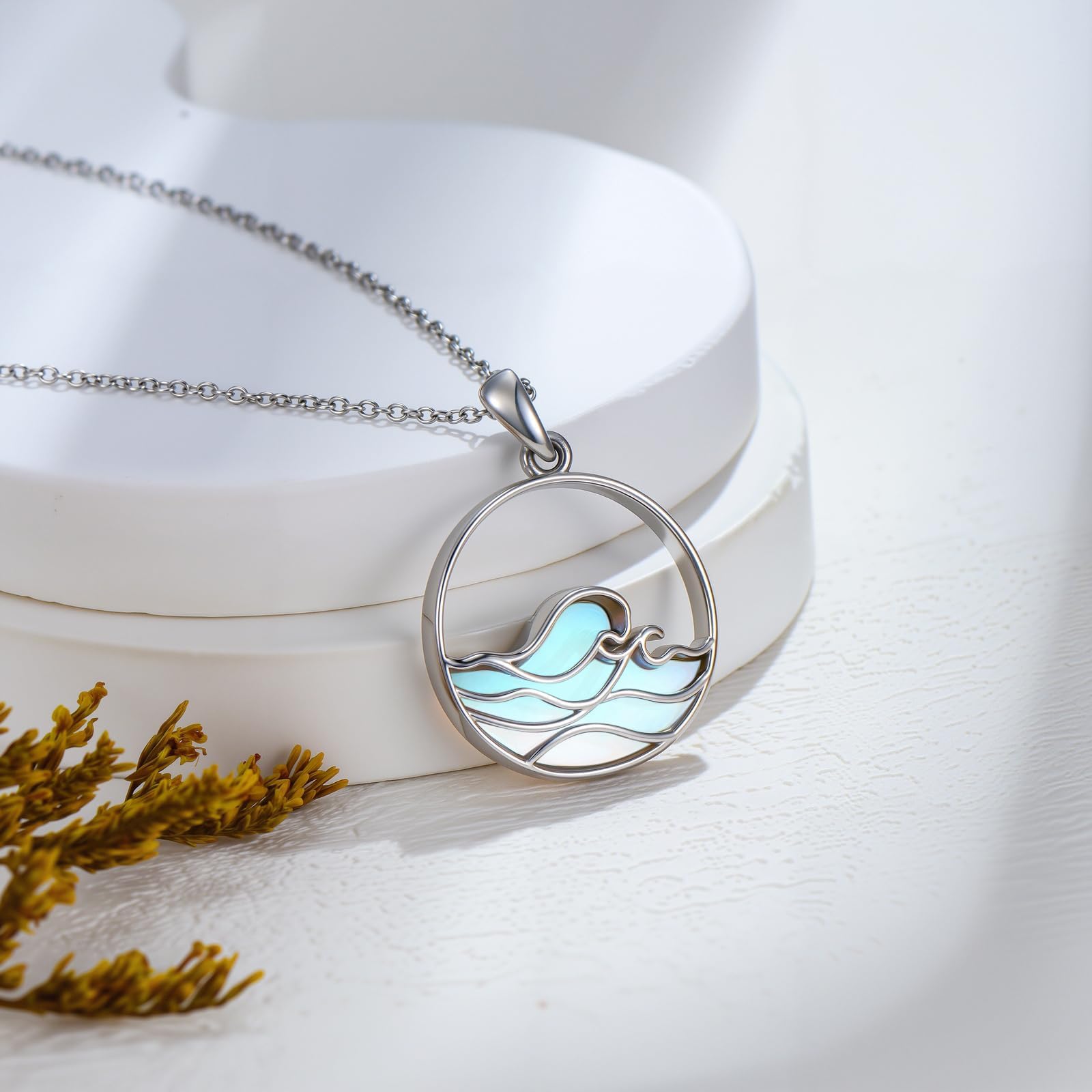 Mondstein Wellen Halskette Damen 925er Sterlingsilber Strand Anhänger Schmuck Geschenk für Meer- und Surf-Fans