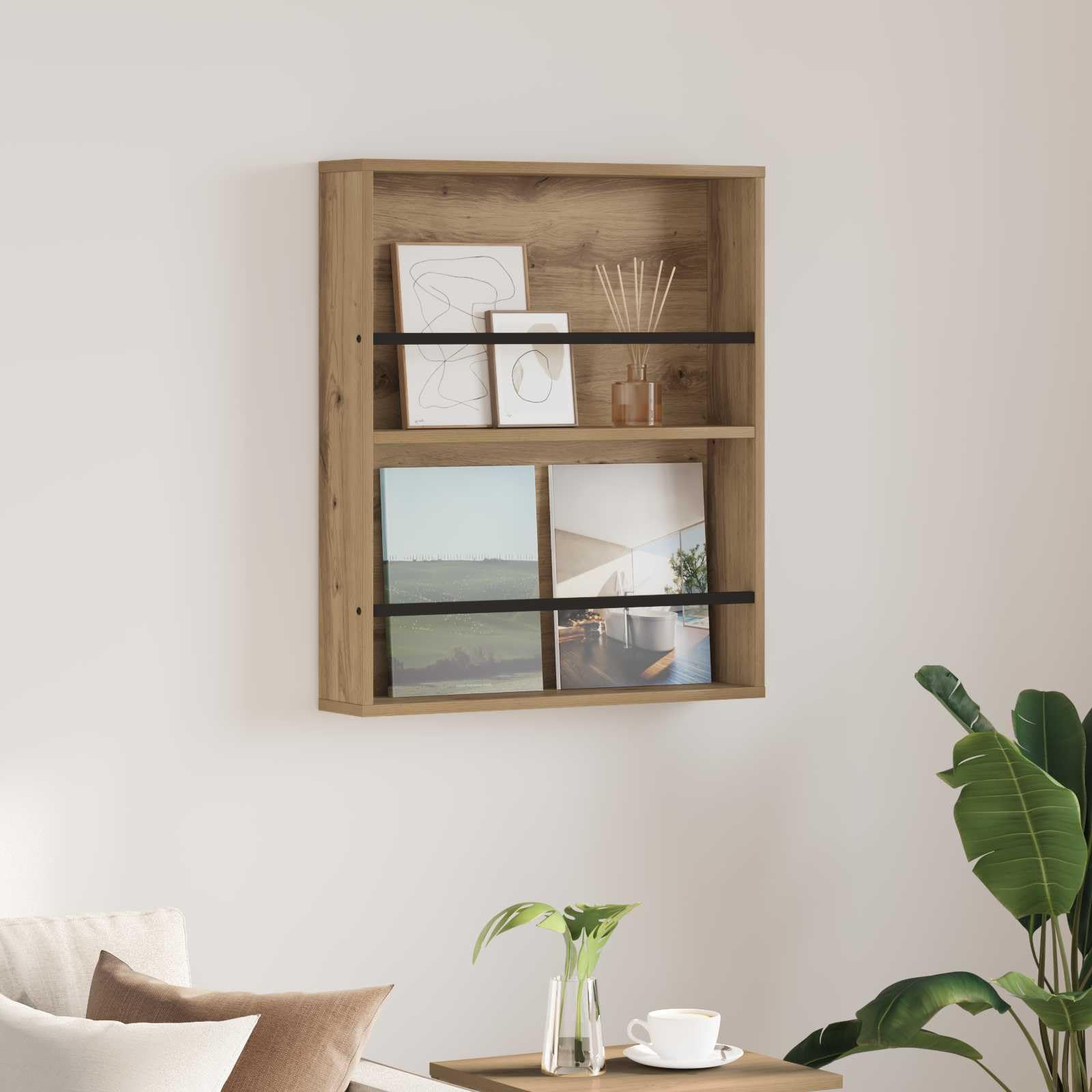 Revistero montado en la pared, roble Artisan, 60 x 12 x 70 cm, material de madera, moderno soporte para revistas para salón, oficina, pasillo, sala de espera, recepción, práctica, rincón de