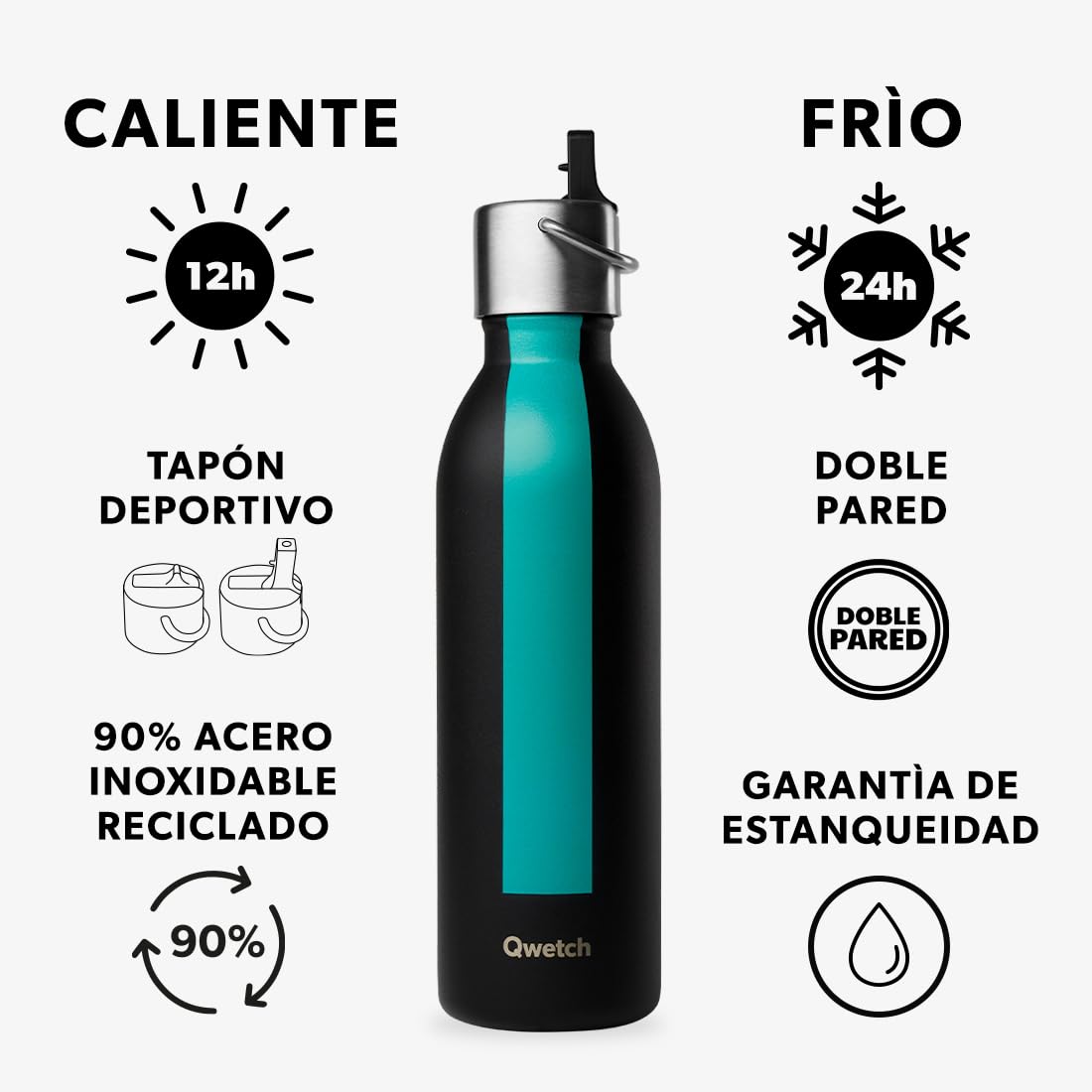Qwetch - Botella Térmica Active Inox 600ml con Tapón Deportivo Sport Negro | Botella Agua Acero Inoxidable - 24h Frío / 12h Caliente - Reutilizable, Compacta, Hermética y sin BPA