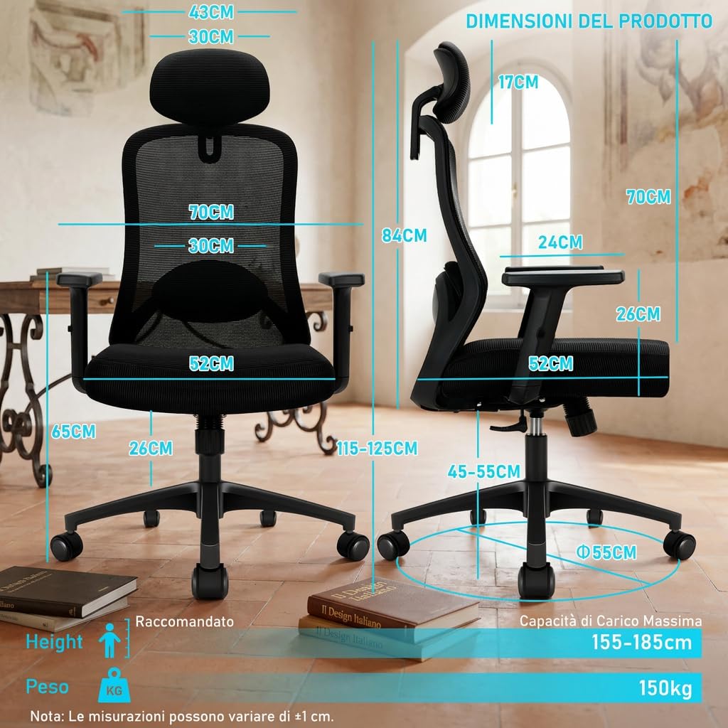 Sedia da Ufficio Ergonomica con Poggiatesta, Supporto Lombare e Braccioli Regolabili, Sedia da Scrivania PC in Rete, Reclinabile 90°-130° con Blocco a 3 Posizioni, Home Office, 150 kg, Nera